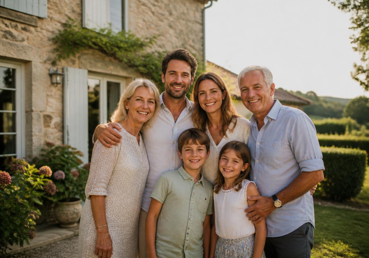 Une famille devant sa maison au coucher du soleil